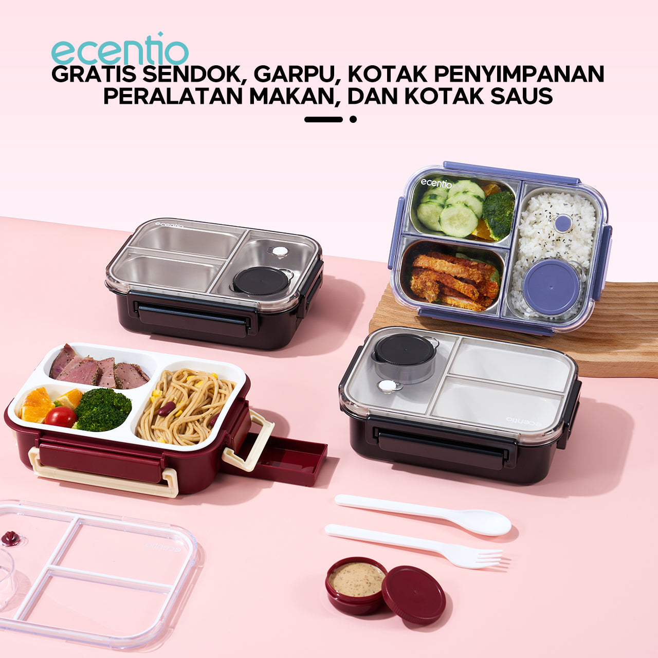 ecentio lining anti-smell plastic lunch box Desain tiga grid Sealing anti bocor kotak hidangan Merah 800ml
