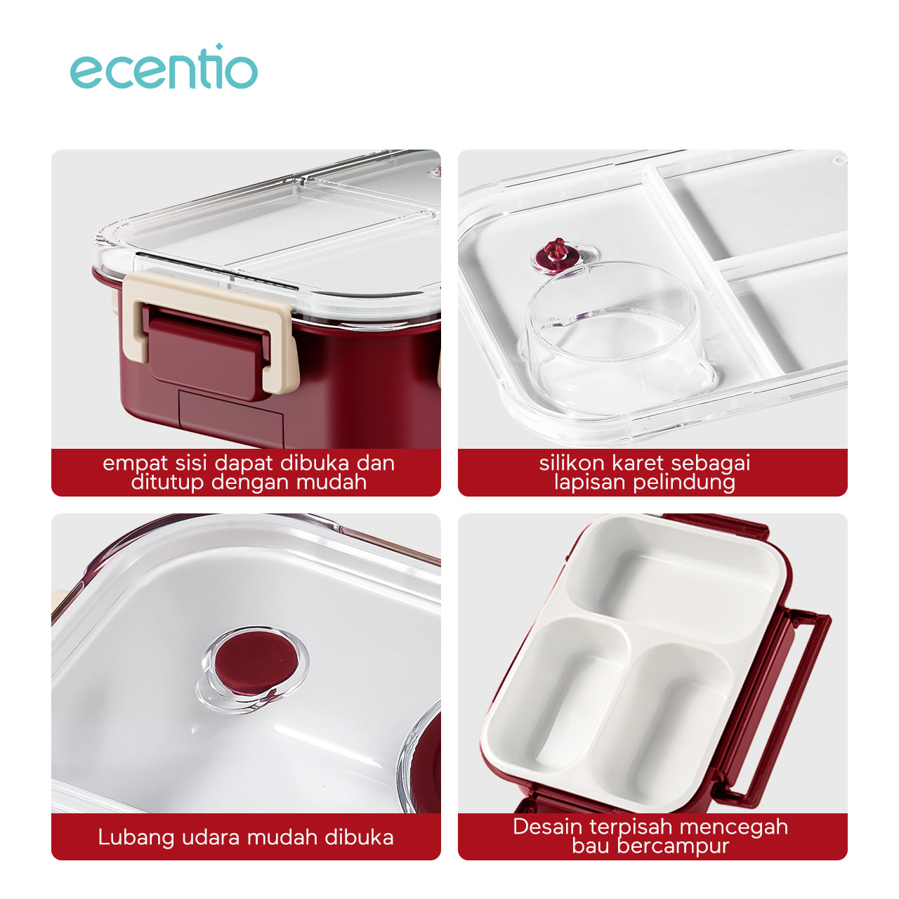 ecentio lining anti-smell plastic lunch box Desain tiga grid Sealing anti bocor kotak hidangan Merah 800ml