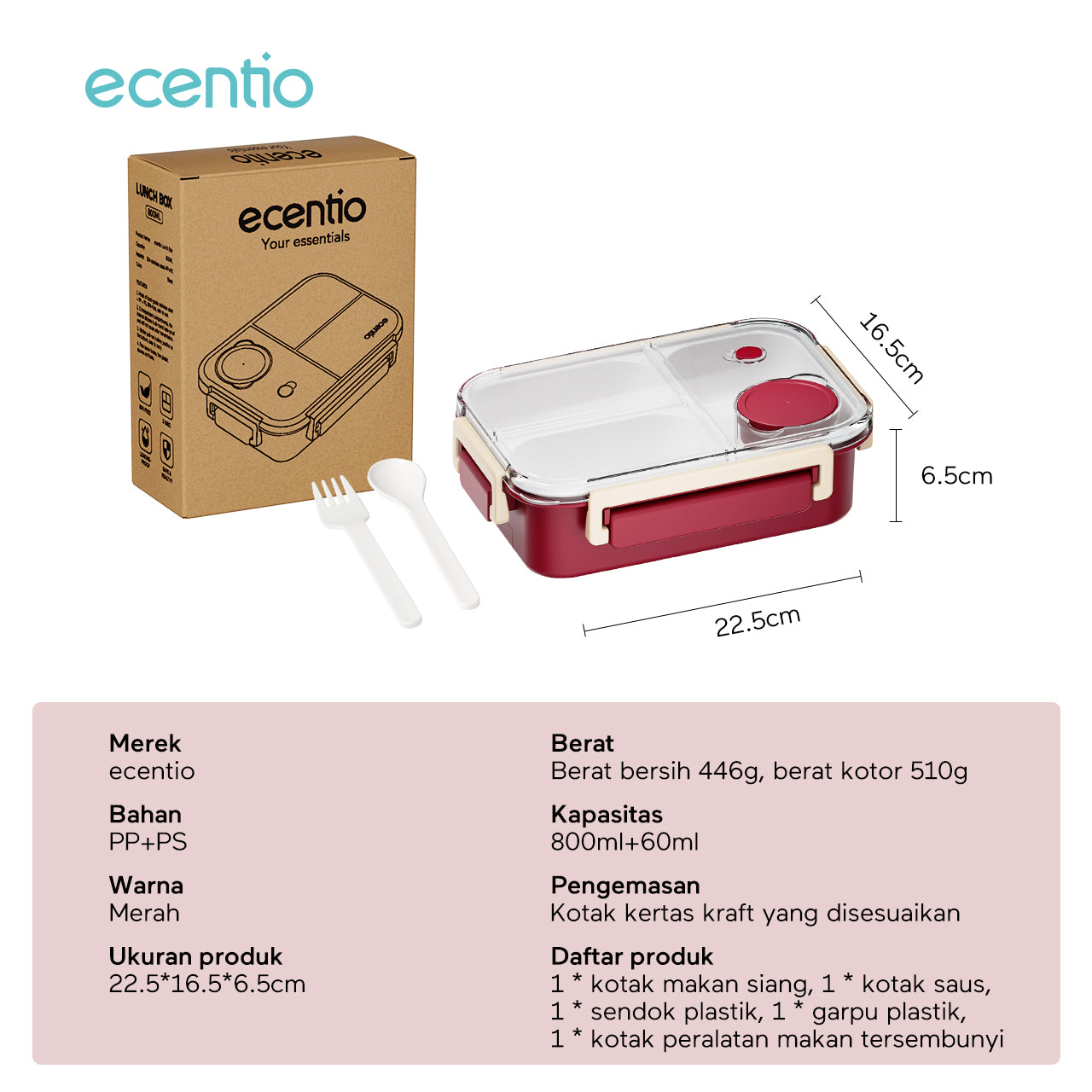 ecentio lining anti-smell plastic lunch box Desain tiga grid Sealing anti bocor kotak hidangan Merah 800ml