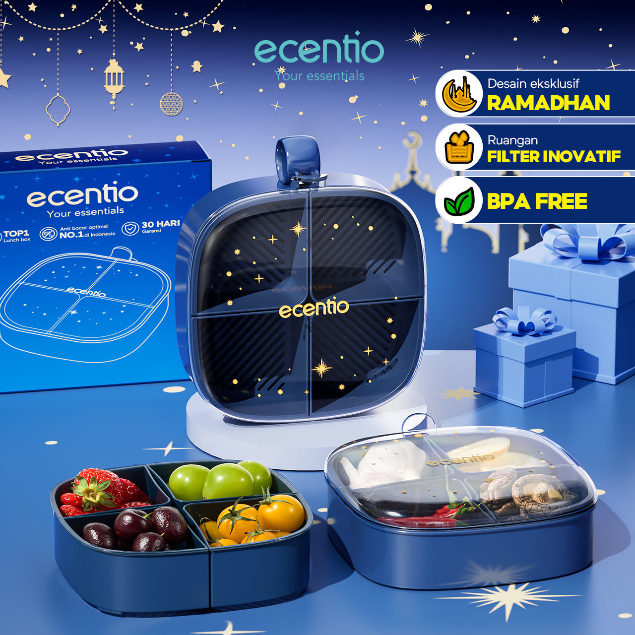 【Ramadan Exclusive】ecentio Wadah Penyimpanan Makanan 4 Sekat 800ml Bebas BPA
