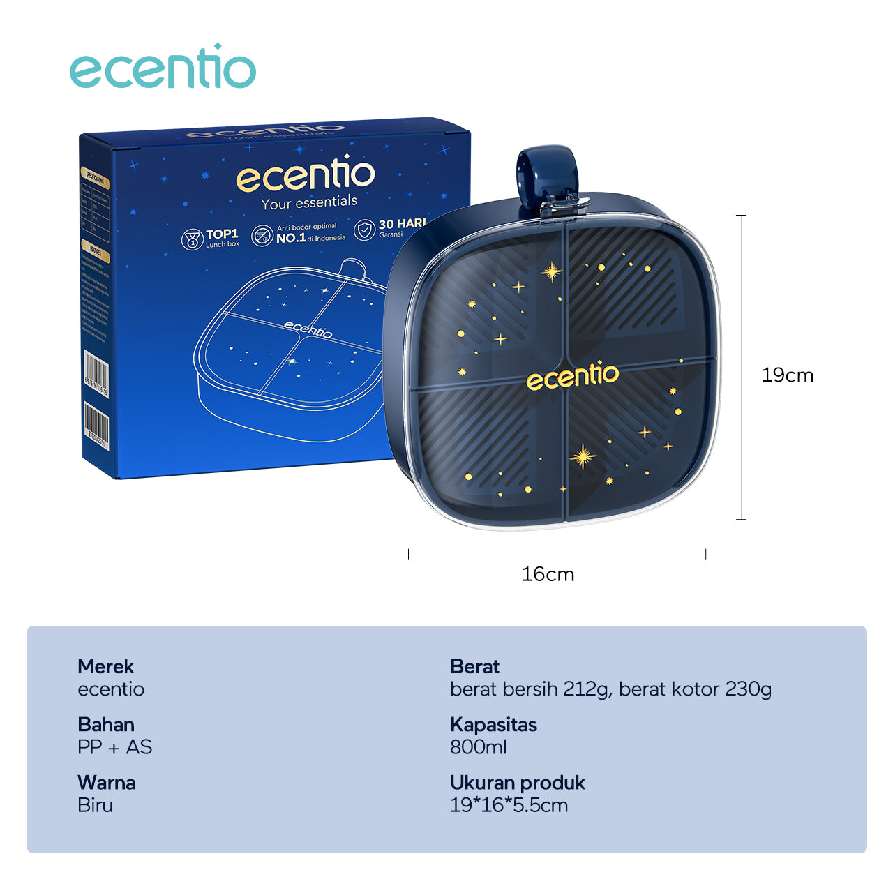 【Ramadan Exclusive】ecentio Wadah Penyimpanan Makanan 4 Sekat 800ml Bebas BPA
