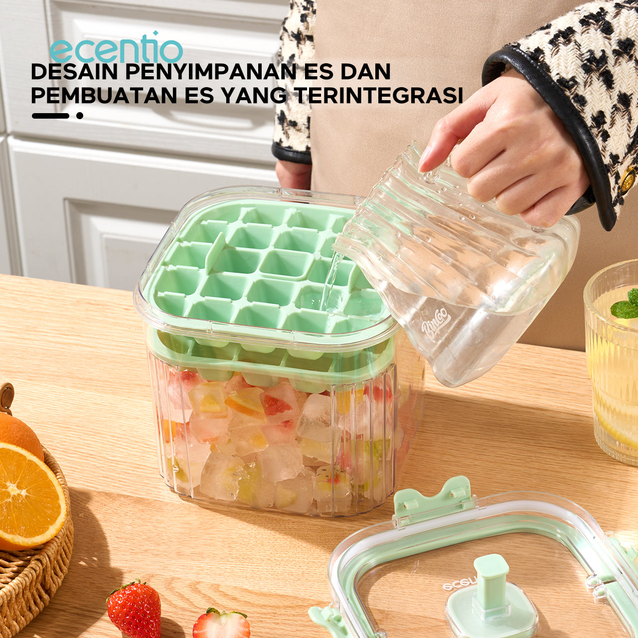 ecentio Tempat Es Batu Dua Lapis 48 Kompartemen Portabel Penjaga Kesegaran (Hijau)