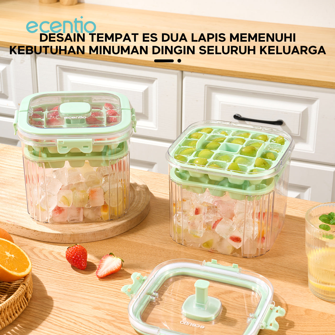 ecentio Tempat Es Batu Dua Lapis 48 Kompartemen Portabel Penjaga Kesegaran (Hijau)