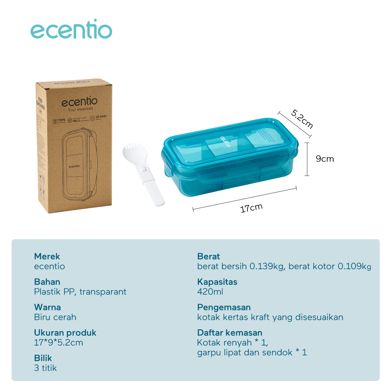 ecentio Kotak Makan 3 Sekat 420ml – Anti Bocor & Bebas BPA