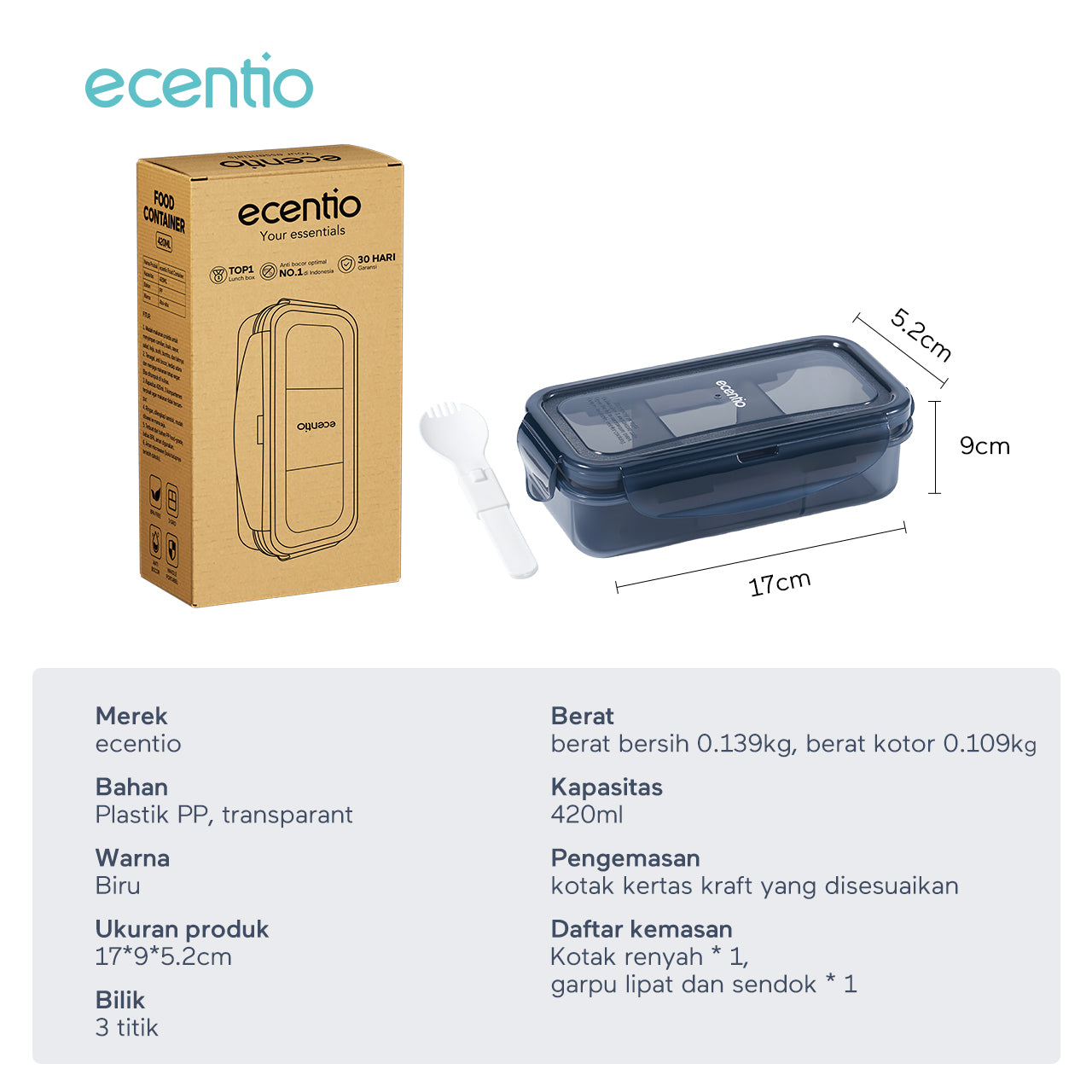 ecentio tempat makan Satu kotak untuk berbagai keperluan Desain Berbagian420ml+420ml+420ml Hindari Bahan Makanan Saling Menyerap Rasa PENYEGELAN DAN ANTIBOCOR Membawa dengan percaya diri