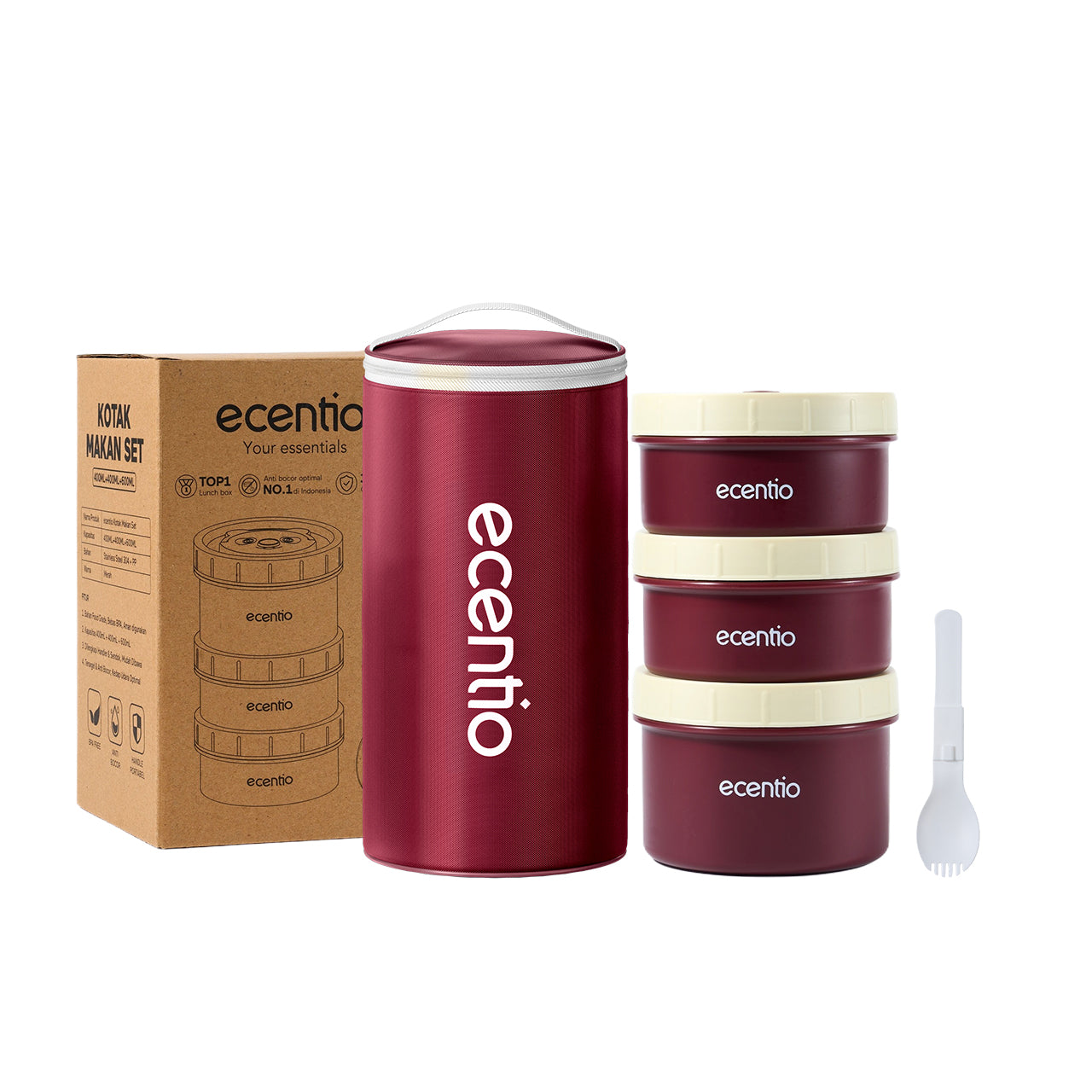 ecentio Set Kotak Makan Bulat Stainless Steel 3pcs + Tas Makan Waterproof — Bekal Praktis & Stylish