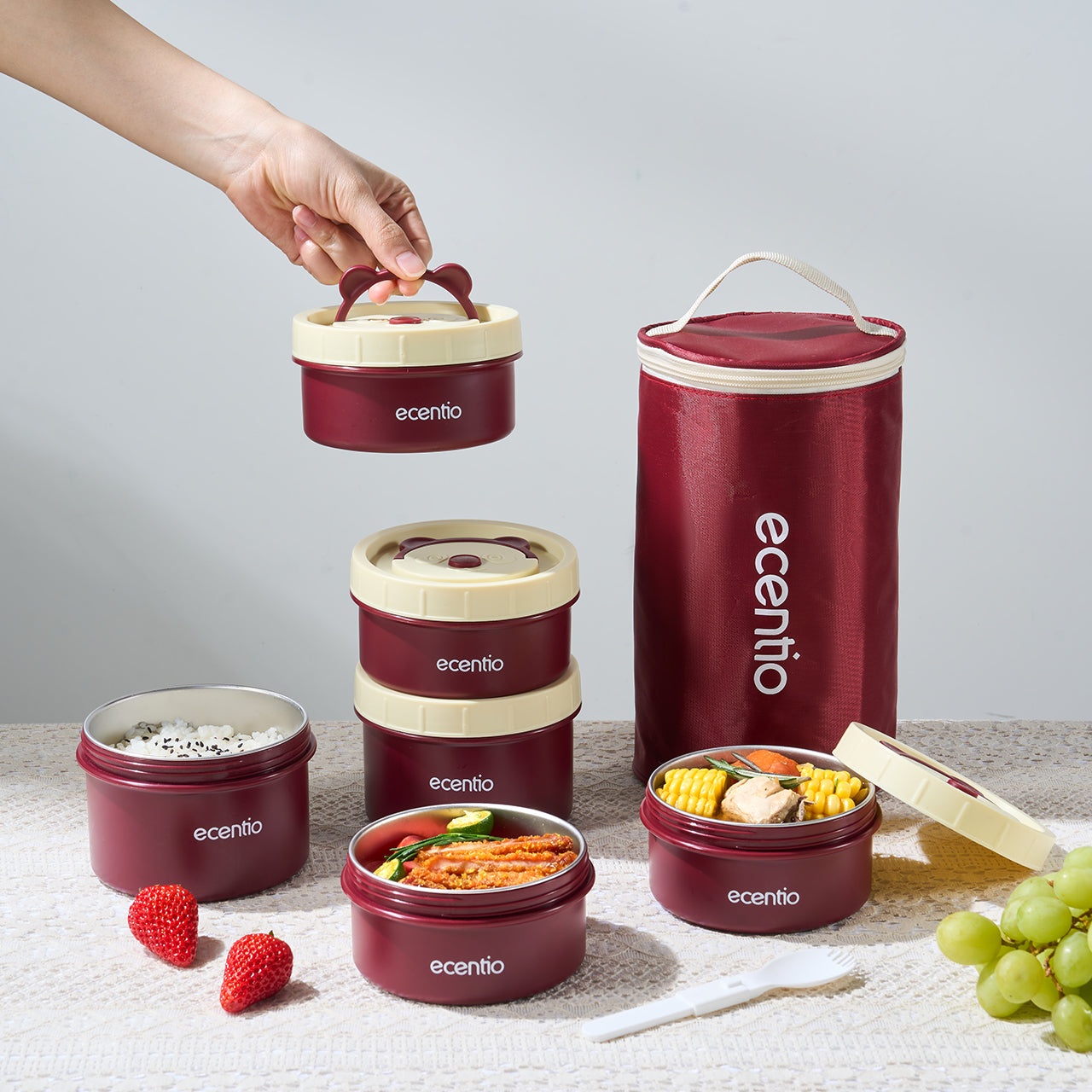 ecentio Set Kotak Makan Bulat Stainless Steel 3pcs + Tas Makan Waterproof — Bekal Praktis & Stylish