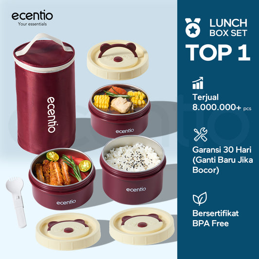 ecentio Set Kotak Makan Bulat Stainless Steel 3pcs + Tas Makan Waterproof — Bekal Praktis & Stylish