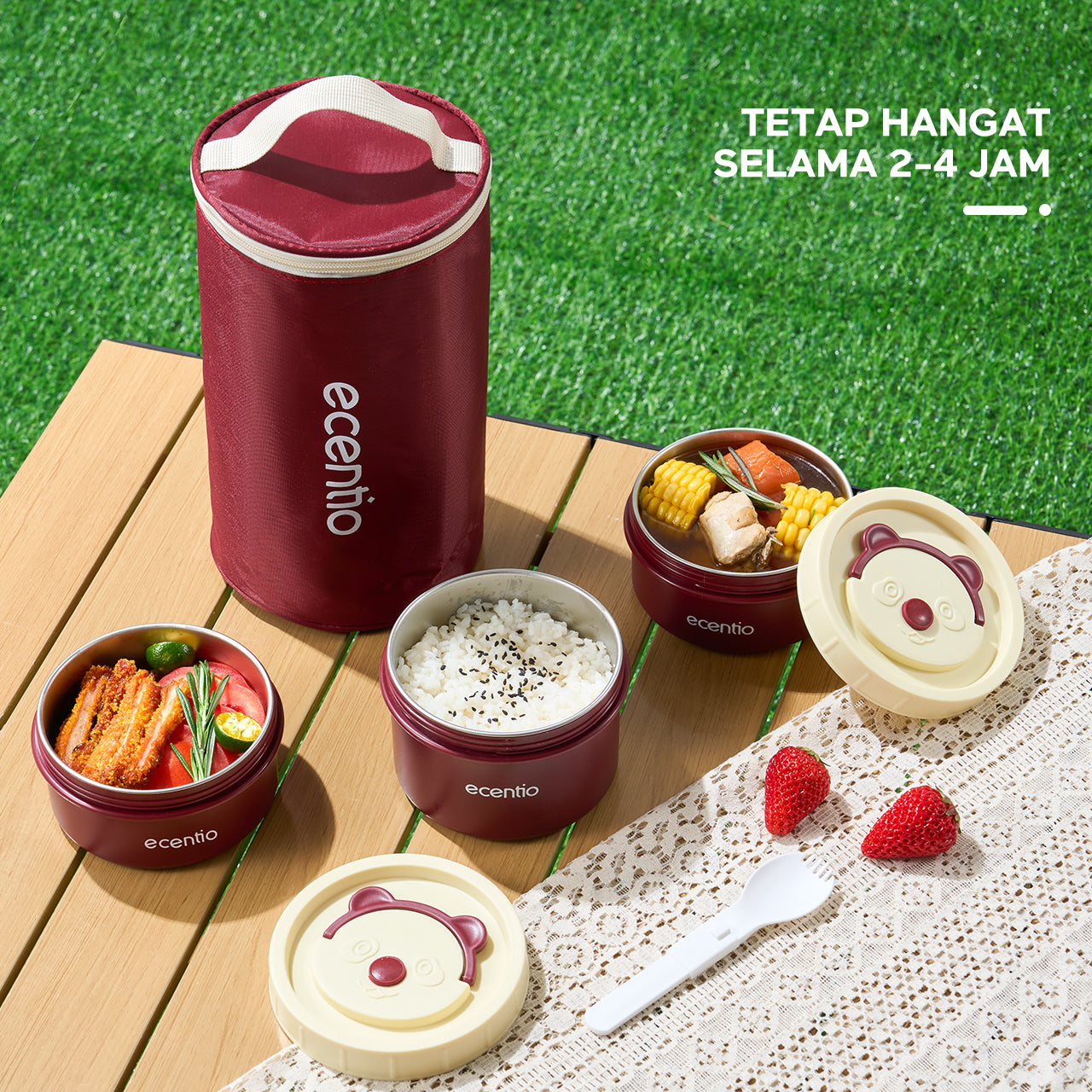 ecentio Set Kotak Makan Bulat Stainless Steel 3pcs + Tas Makan Waterproof — Bekal Praktis & Stylish