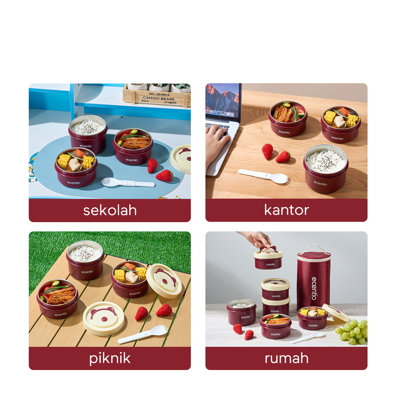 ecentio Set Kotak Makan Bulat Stainless Steel 3pcs + Tas Makan Waterproof — Bekal Praktis & Stylish