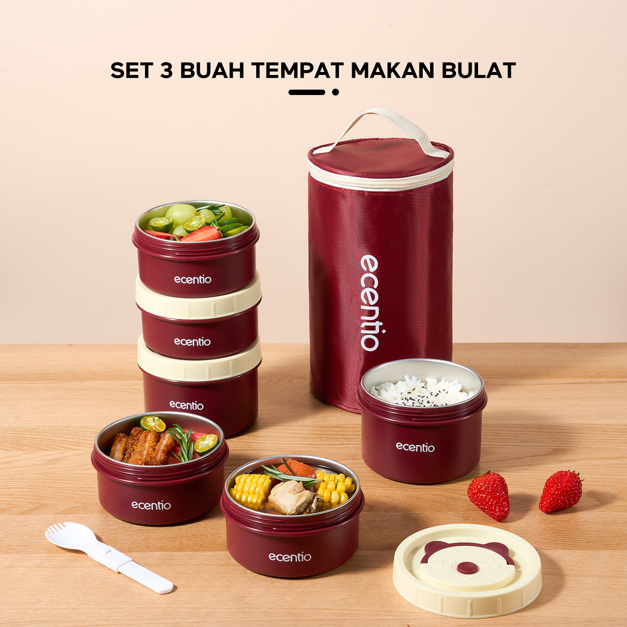ecentio Set Kotak Makan Bulat Stainless Steel 3pcs + Tas Makan Waterproof — Bekal Praktis & Stylish