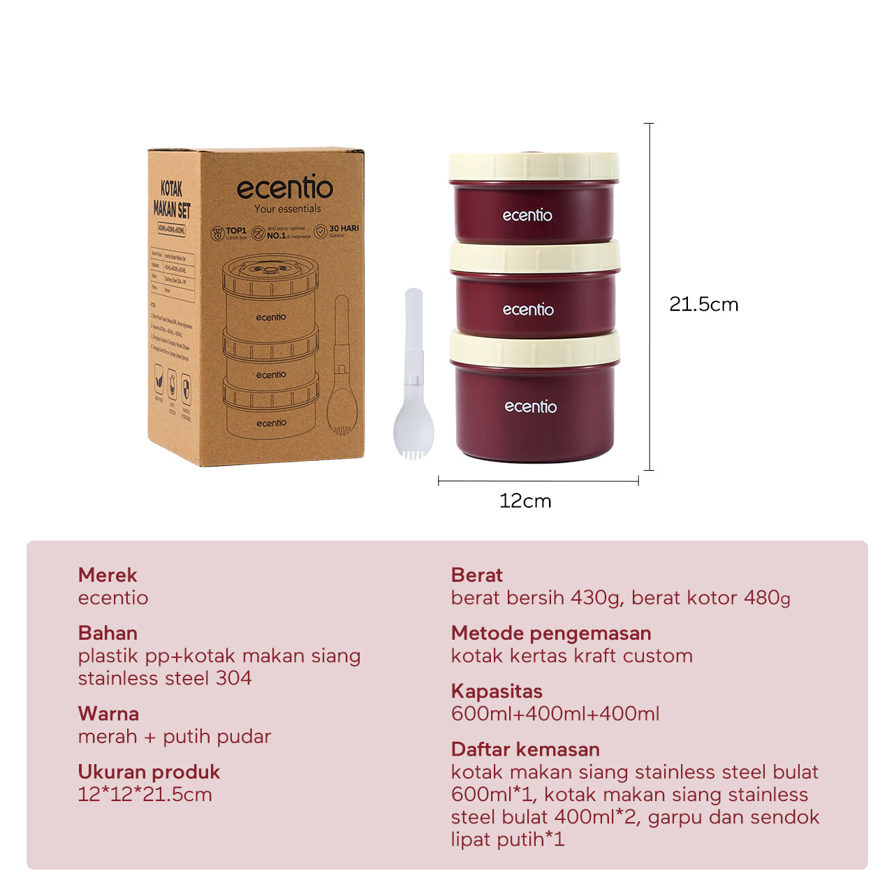 ecentio Set Kotak Makan Bulat Stainless Steel 3pcs + Tas Makan Waterproof — Bekal Praktis & Stylish