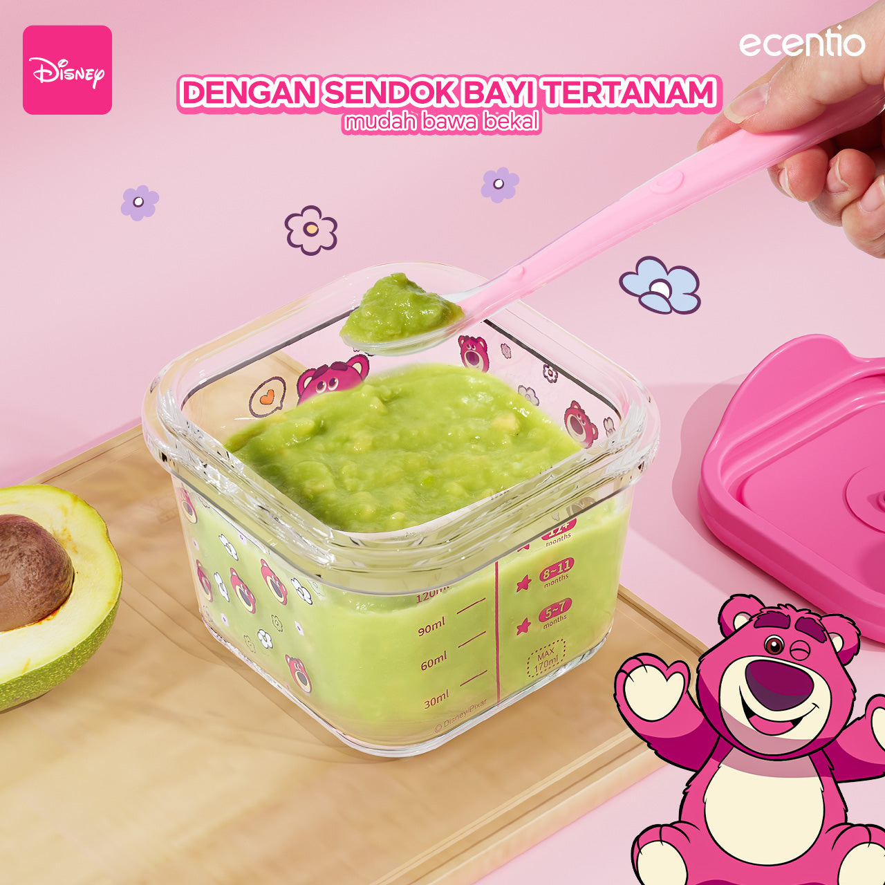 ecentio food container Kaca anak mpasi 3pcs set Disney lotso Mini Kotak Tempat Makan Glass free sendok silikon 120ml+140ml+140ml