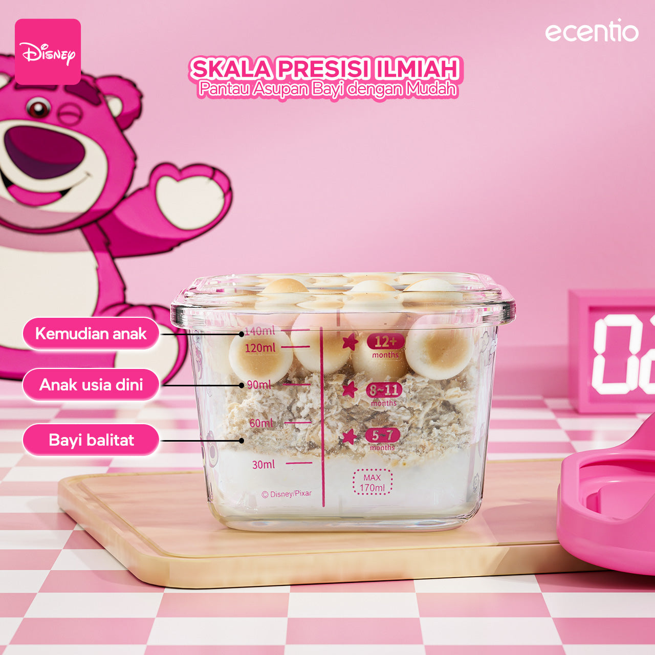 ecentio food container Kaca anak mpasi 3pcs set Disney lotso Mini Kotak Tempat Makan Glass free sendok silikon 120ml+140ml+140ml