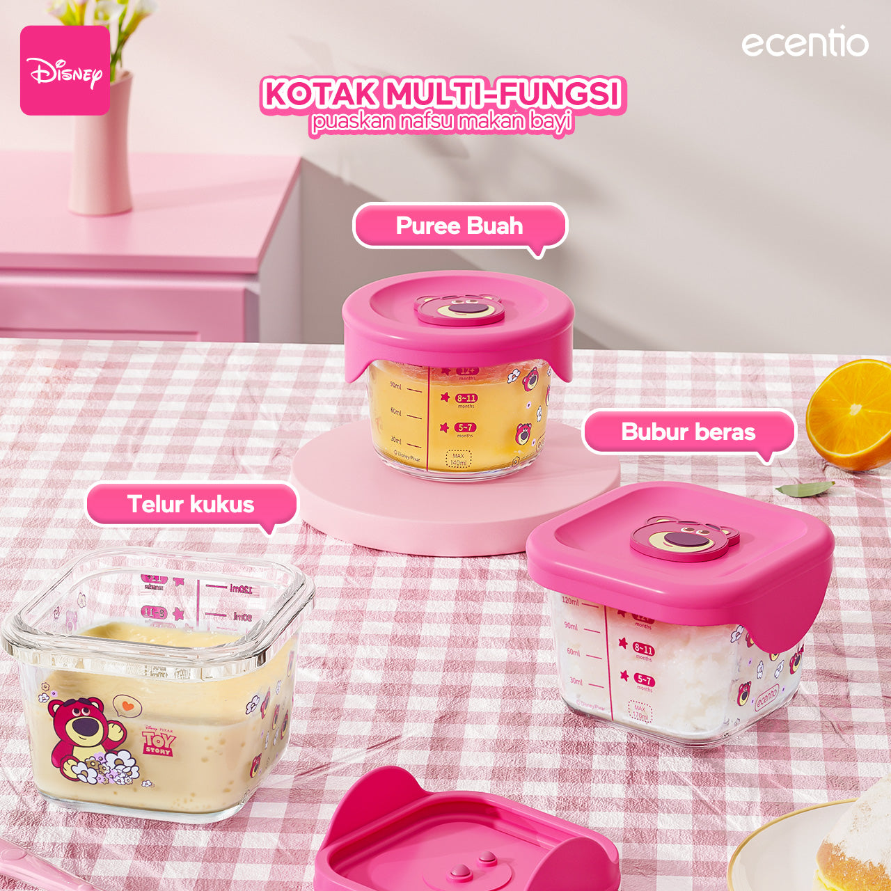 ecentio food container Kaca anak mpasi 3pcs set Disney lotso Mini Kotak Tempat Makan Glass free sendok silikon 120ml+140ml+140ml