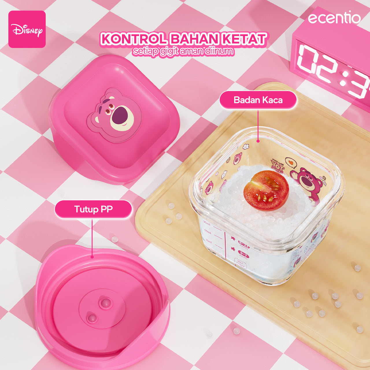 ecentio food container Kaca anak mpasi 3pcs set Disney lotso Mini Kotak Tempat Makan Glass free sendok silikon 120ml+140ml+140ml
