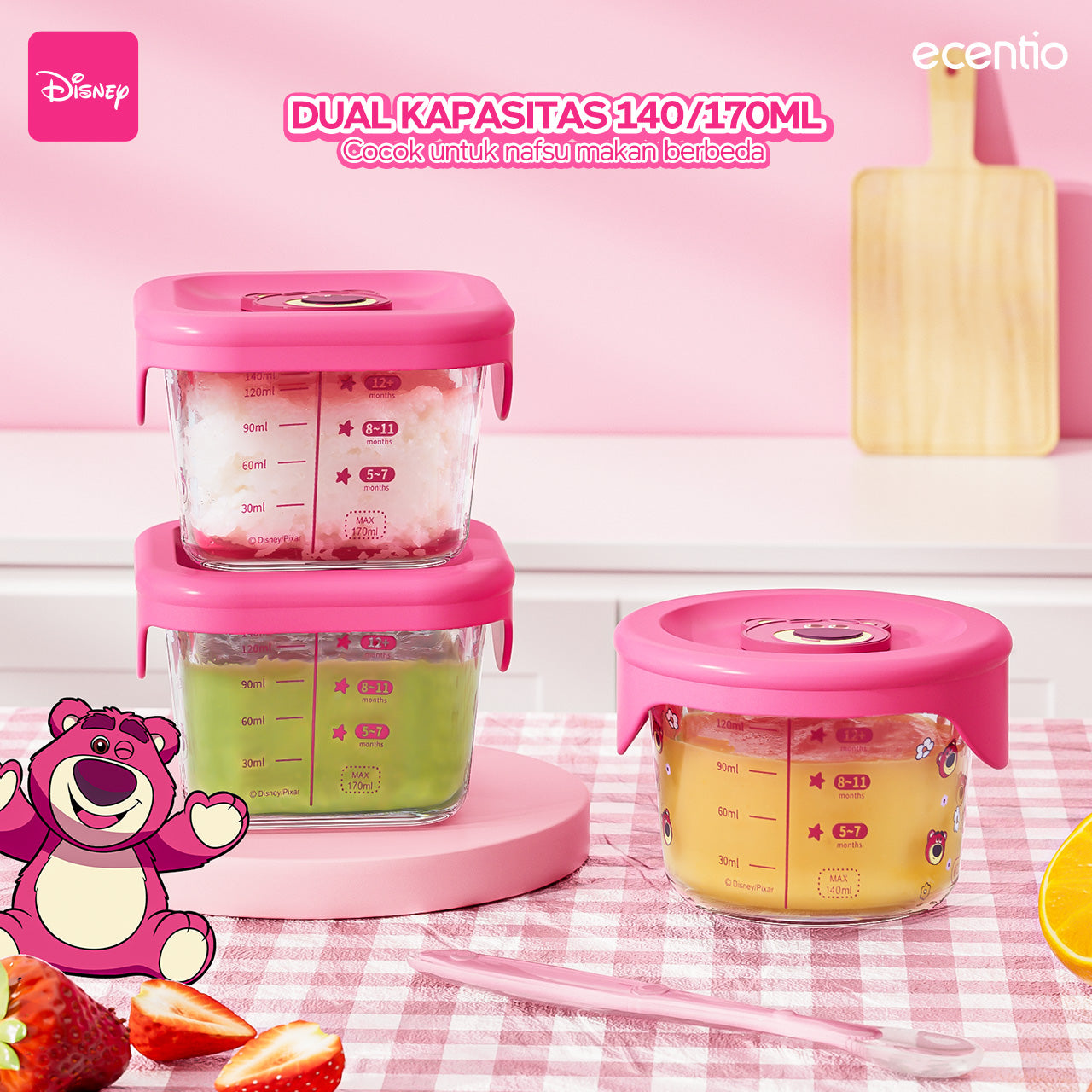 ecentio food container Kaca anak mpasi 3pcs set Disney lotso Mini Kotak Tempat Makan Glass free sendok silikon 120ml+140ml+140ml