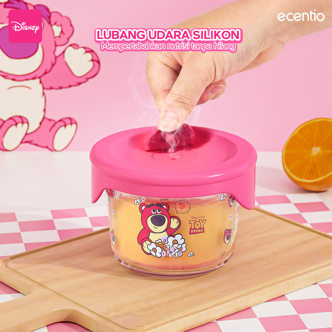 ecentio food container Kaca anak mpasi 3pcs set Disney lotso Mini Kotak Tempat Makan Glass free sendok silikon 120ml+140ml+140ml