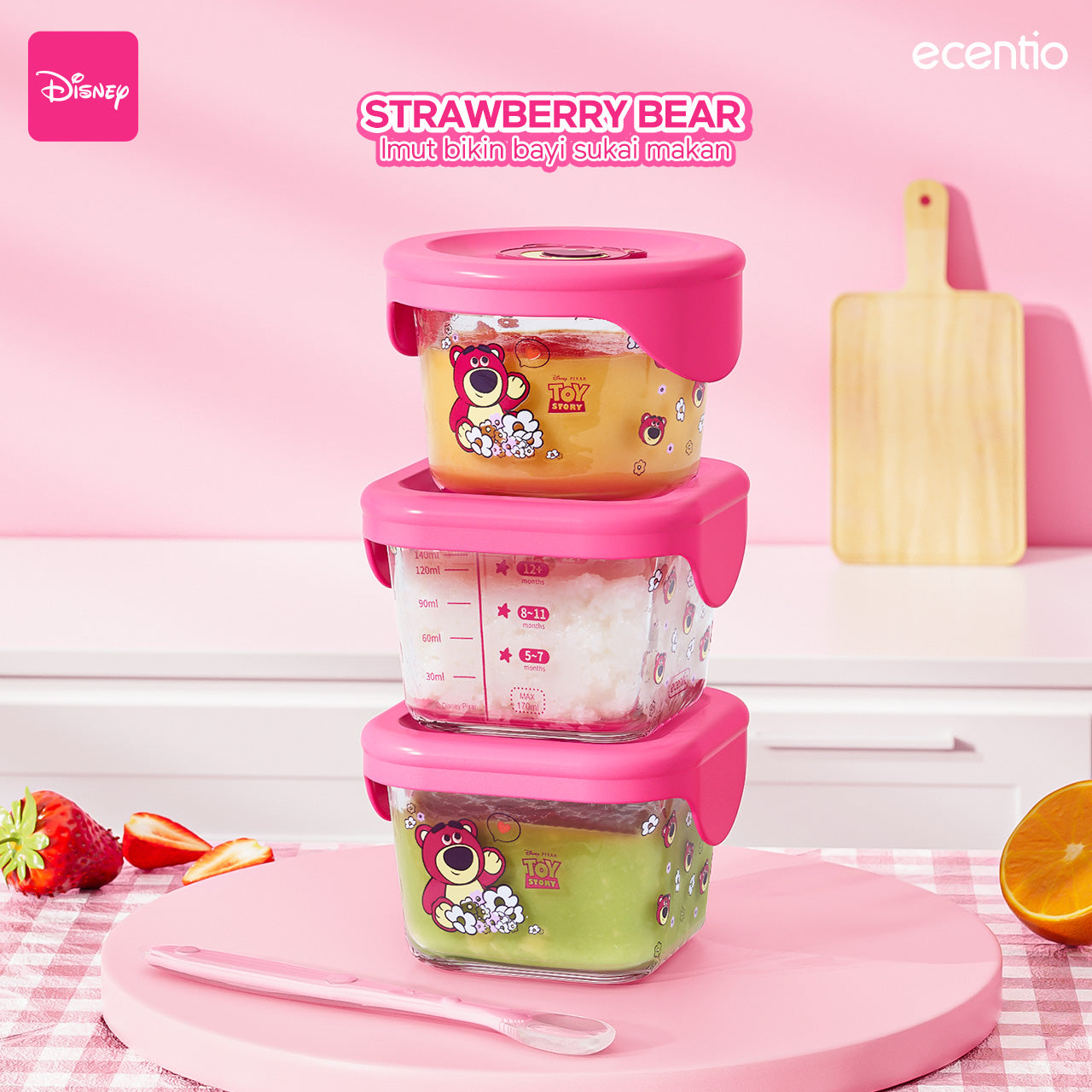ecentio food container Kaca anak mpasi 3pcs set Disney lotso Mini Kotak Tempat Makan Glass free sendok silikon 120ml+140ml+140ml