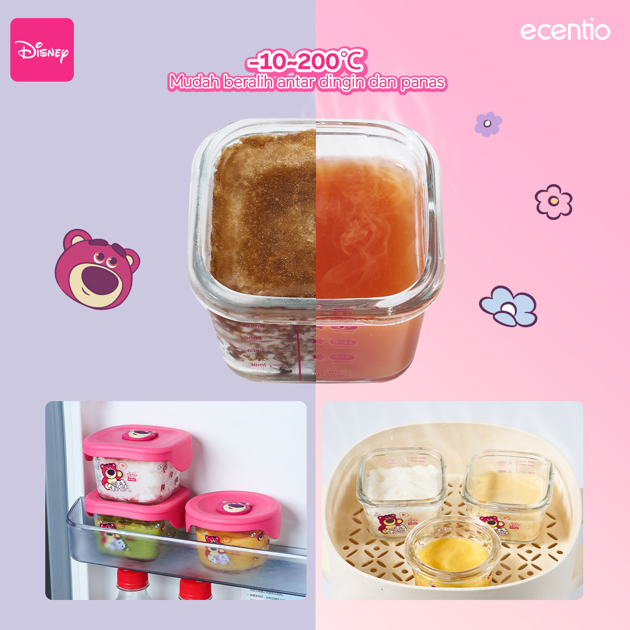 ecentio food container Kaca anak mpasi 3pcs set Disney lotso Mini Kotak Tempat Makan Glass free sendok silikon 120ml+140ml+140ml