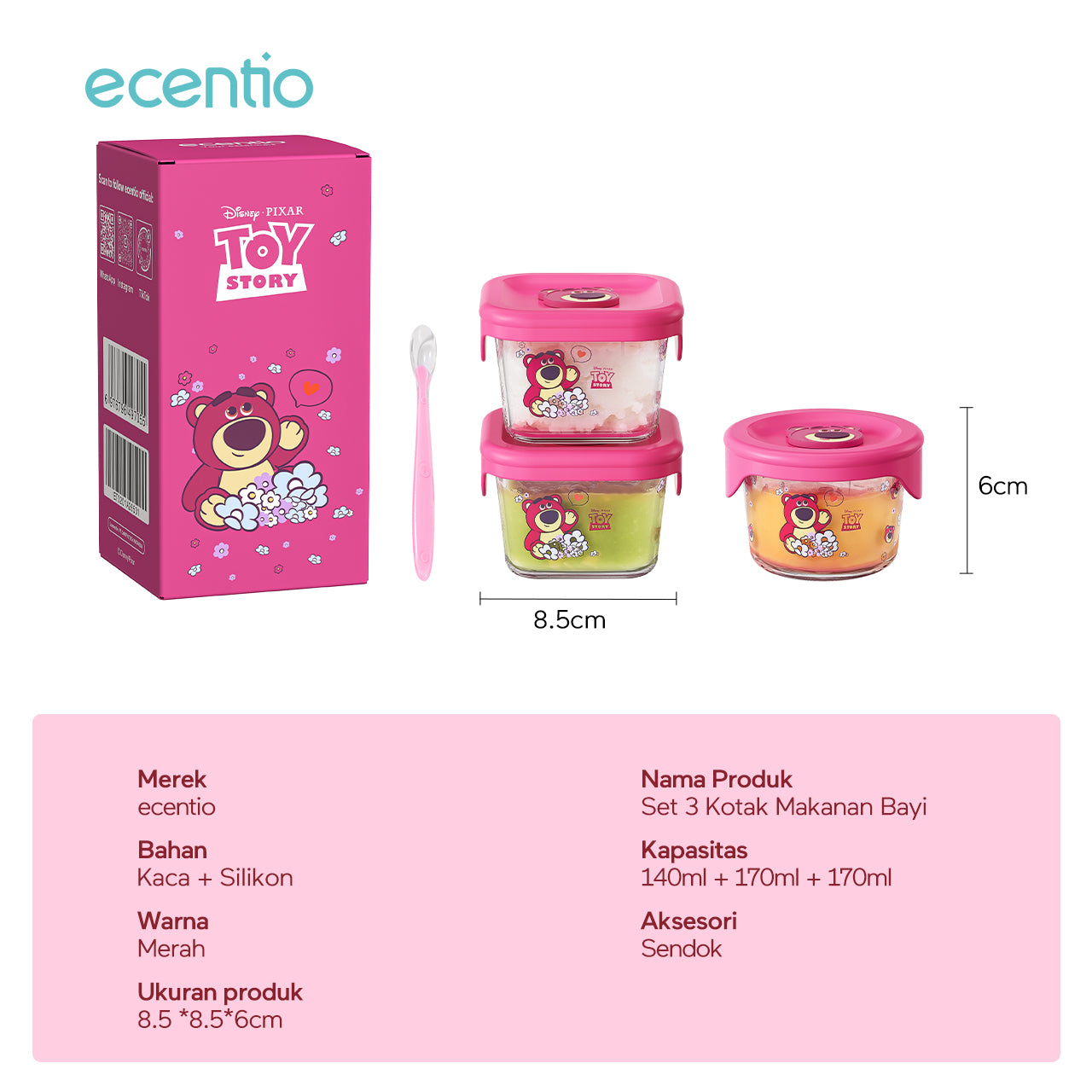 ecentio food container Kaca anak mpasi 3pcs set Disney lotso Mini Kotak Tempat Makan Glass free sendok silikon 120ml+140ml+140ml