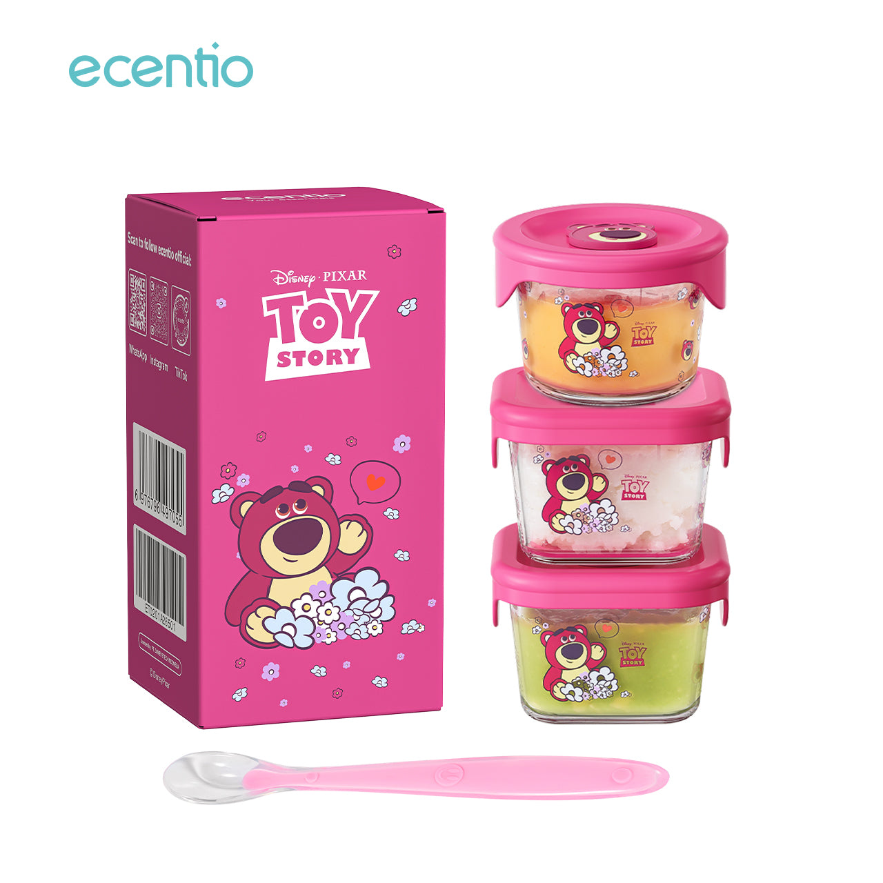ecentio food container Kaca anak mpasi 3pcs set Disney lotso Mini Kotak Tempat Makan Glass free sendok silikon 120ml+140ml+140ml