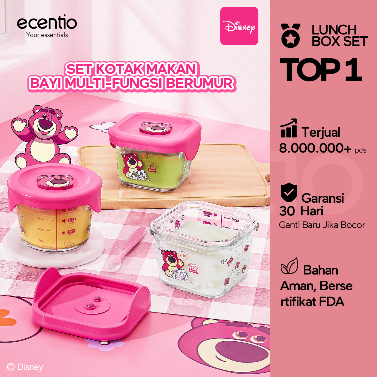 ecentio food container Kaca anak mpasi 3pcs set Disney lotso Mini Kotak Tempat Makan Glass free sendok silikon 120ml+140ml+140ml