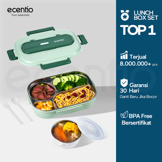 ecentio lunch box empat kompartemen kapasitas besar 1500ml disertakan cawan sup stainless steel anti bocor 200ml dan peralatan makan ringan dibuat dari 304 stainless steel