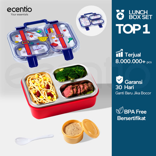 ecentio lunch box anak 750mml stainless 304 sekat 3 dan anti tumpah free sendok sumpit