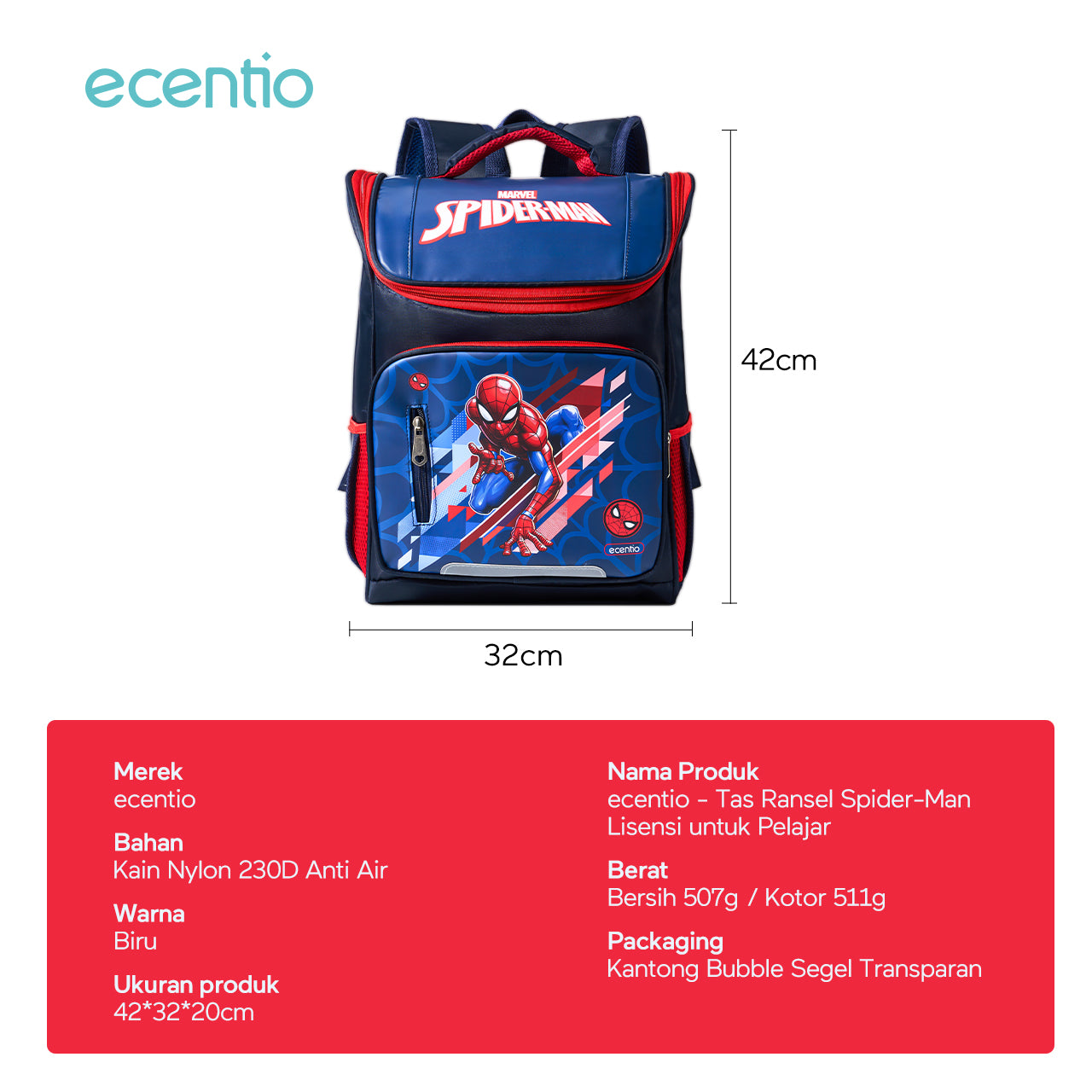 ecentio Tas Anak Sekolah Laki Laki SD Import Bahan Nilon Premium Karakter disney spider man back to school