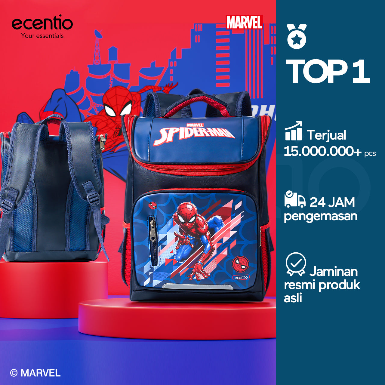 ecentio Tas Anak Sekolah Laki Laki SD Import Bahan Nilon Premium Karakter disney spider man back to school