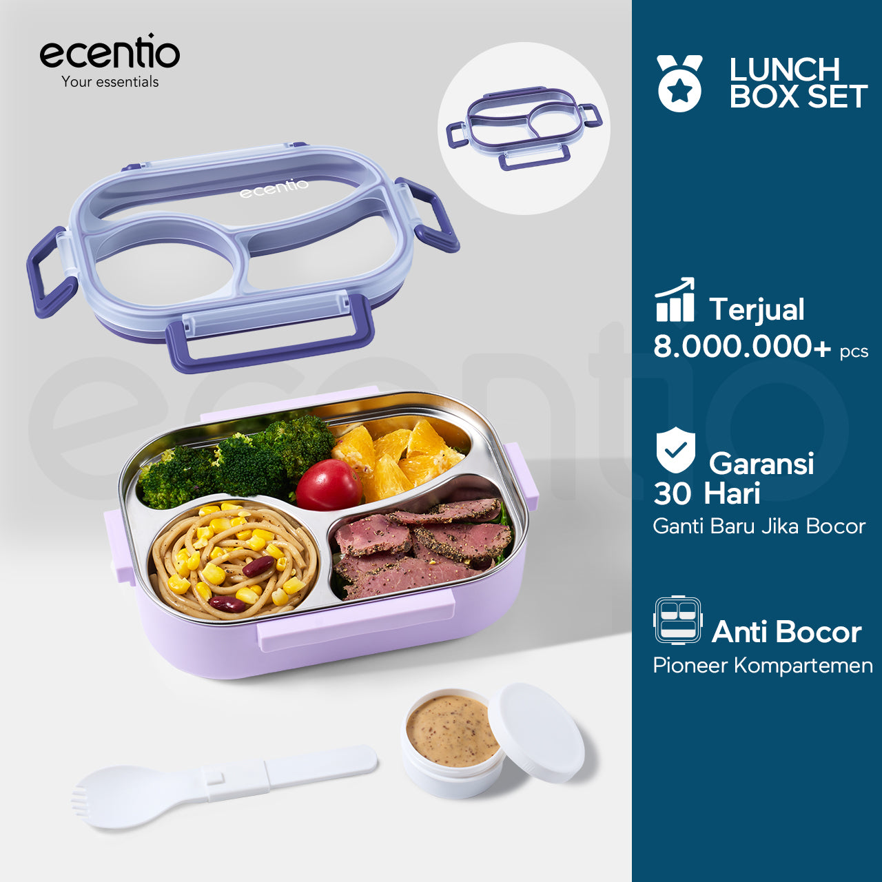 ecentio Kotak bekal stainless steel 3 sekat 1000ml Upgrade Anti tumpah ganda Tebal + sendok & kotak saus
