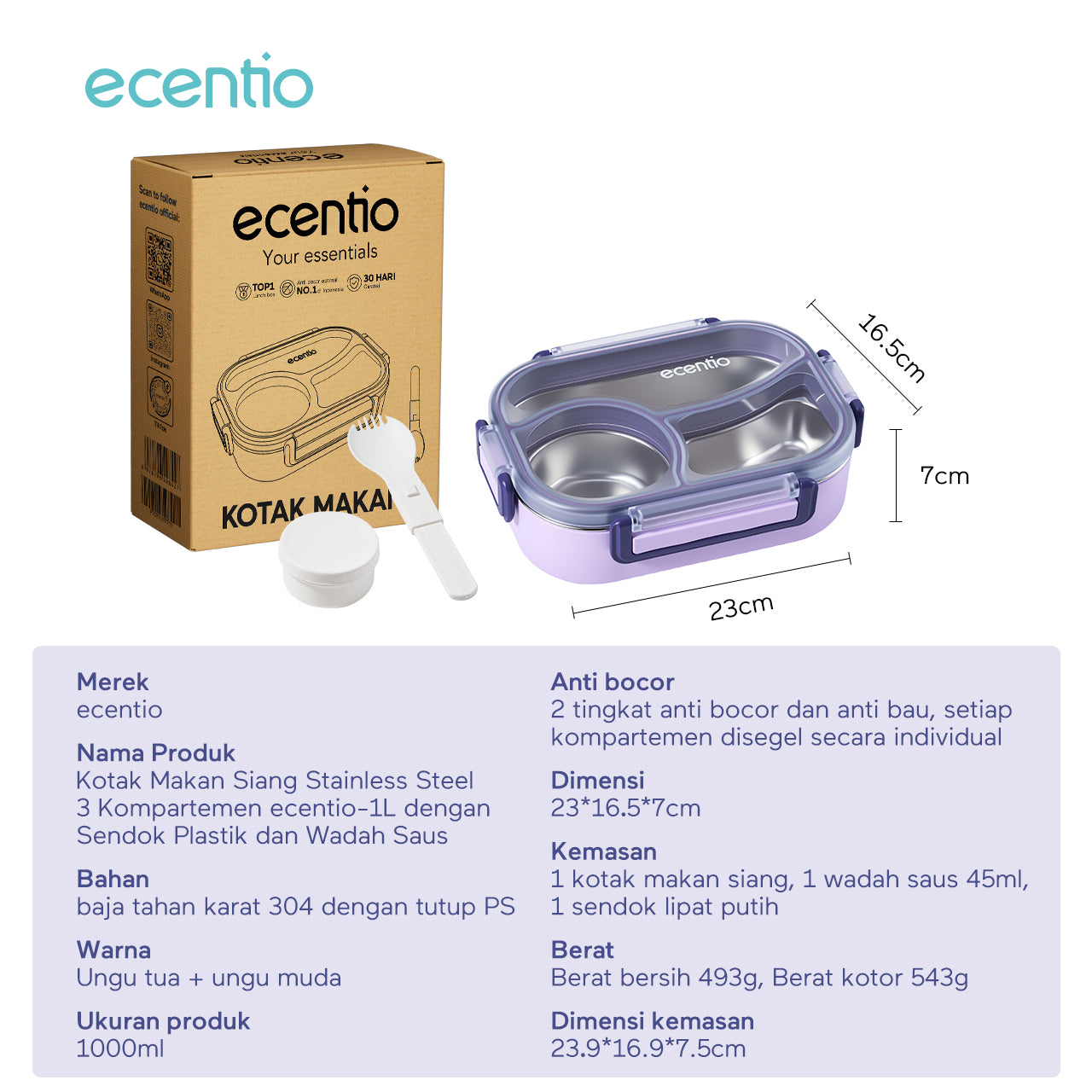ecentio Kotak bekal stainless steel 3 sekat 1000ml Upgrade Anti tumpah ganda Tebal + sendok & kotak saus