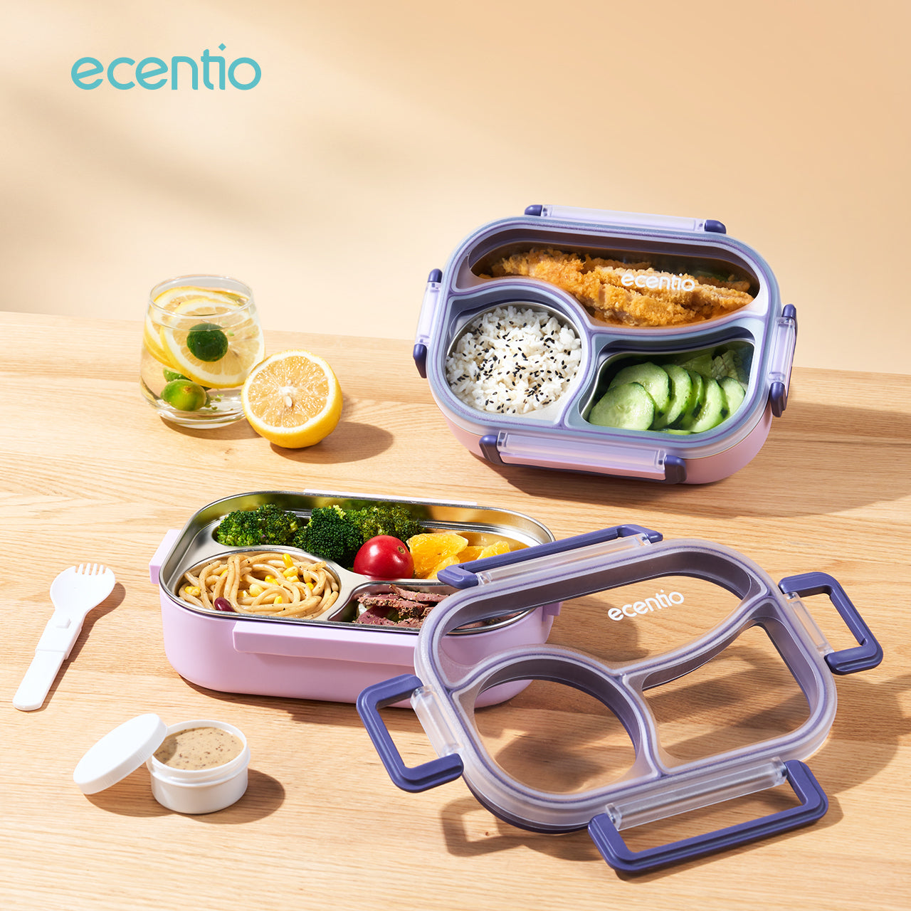 ecentio Kotak bekal stainless steel 3 sekat 1000ml Upgrade Anti tumpah ganda Tebal + sendok & kotak saus