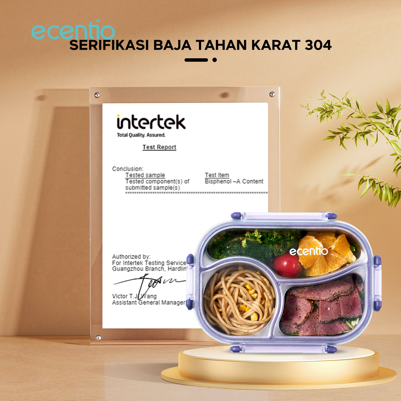 ecentio Kotak bekal stainless steel 3 sekat 1000ml Upgrade Anti tumpah ganda Tebal + sendok & kotak saus