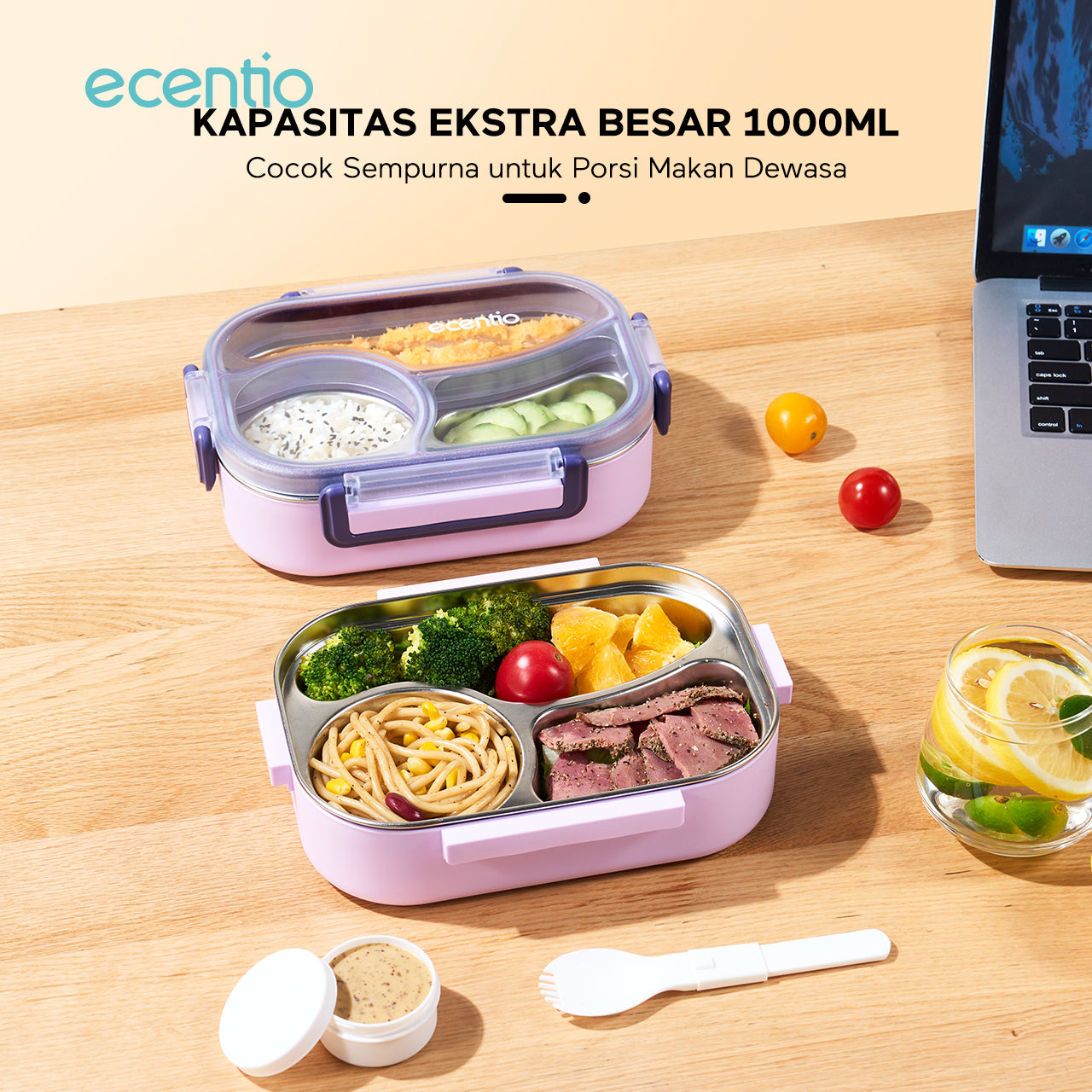 ecentio Kotak bekal stainless steel 3 sekat 1000ml Upgrade Anti tumpah ganda Tebal + sendok & kotak saus