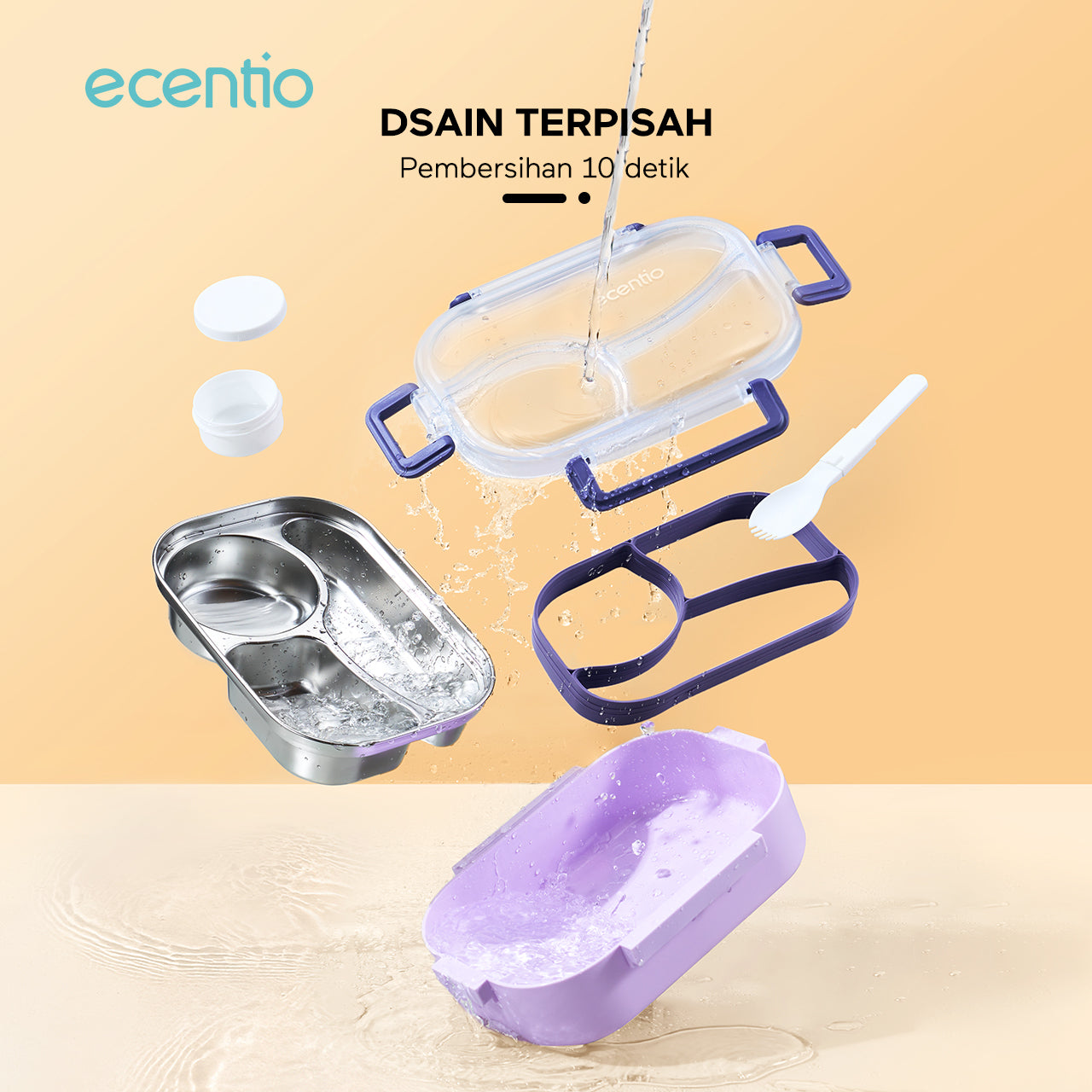 ecentio Kotak bekal stainless steel 3 sekat 1000ml Upgrade Anti tumpah ganda Tebal + sendok & kotak saus