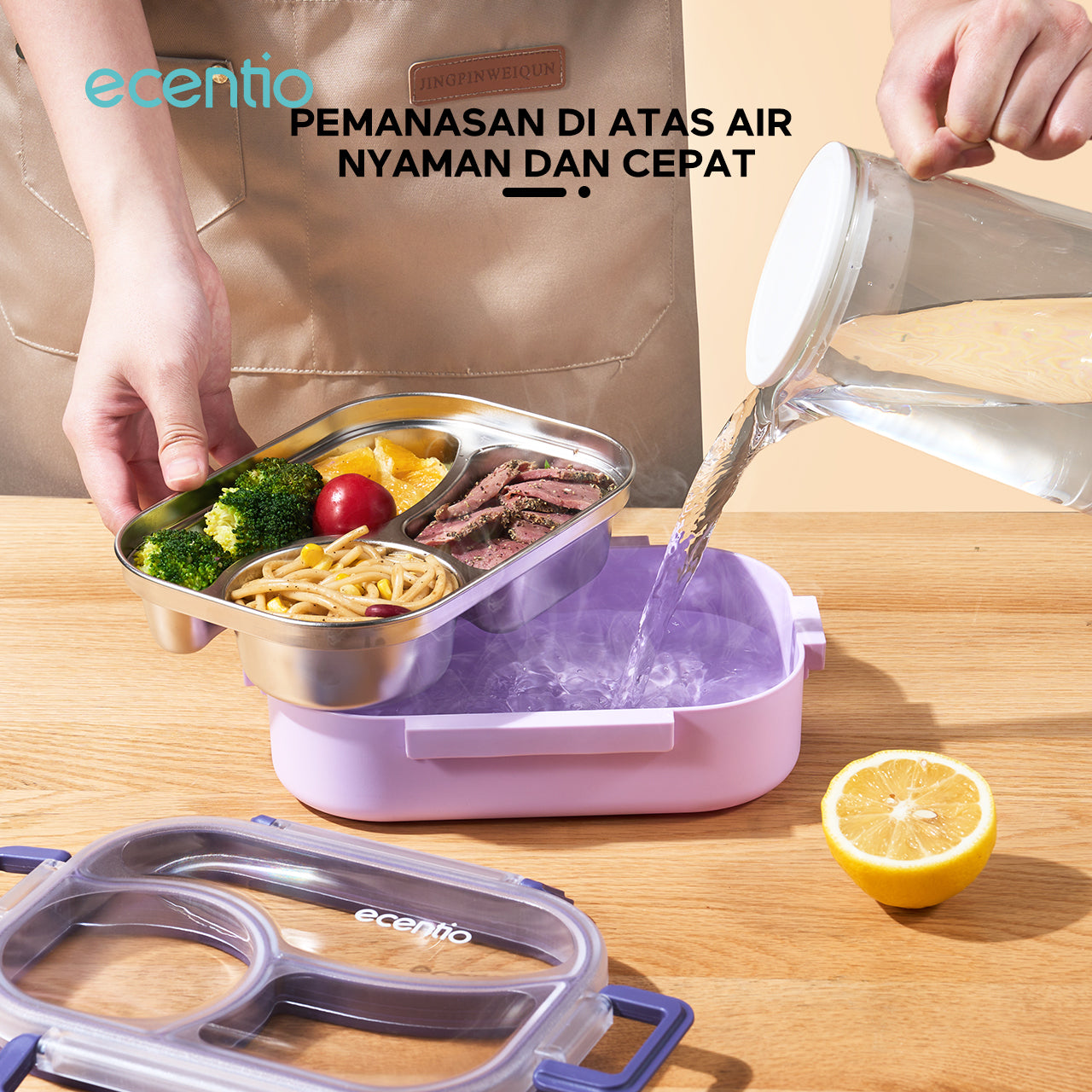 ecentio Kotak bekal stainless steel 3 sekat 1000ml Upgrade Anti tumpah ganda Tebal + sendok & kotak saus