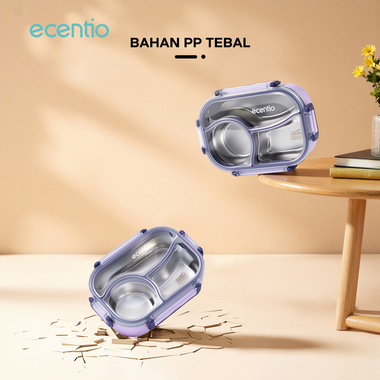 ecentio Kotak bekal stainless steel 3 sekat 1000ml Upgrade Anti tumpah ganda Tebal + sendok & kotak saus