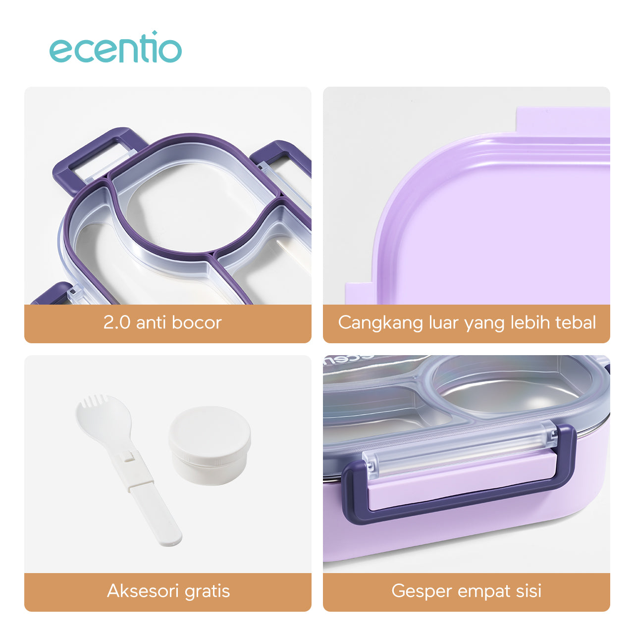 ecentio Kotak bekal stainless steel 3 sekat 1000ml Upgrade Anti tumpah ganda Tebal + sendok & kotak saus