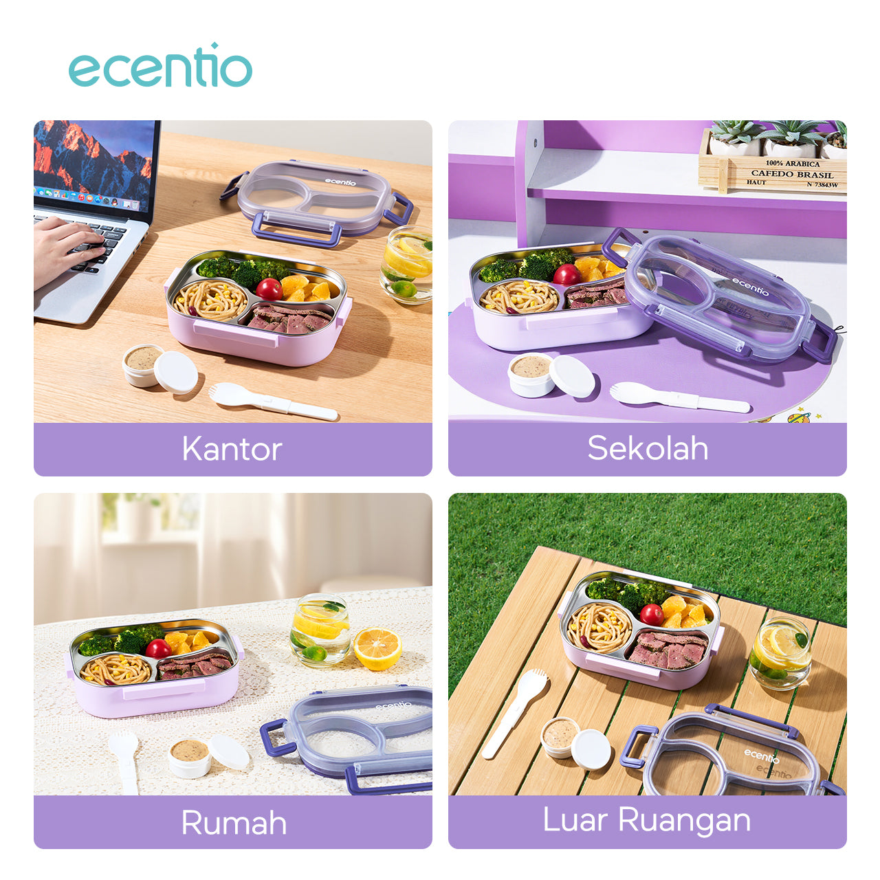 ecentio Kotak bekal stainless steel 3 sekat 1000ml Upgrade Anti tumpah ganda Tebal + sendok & kotak saus