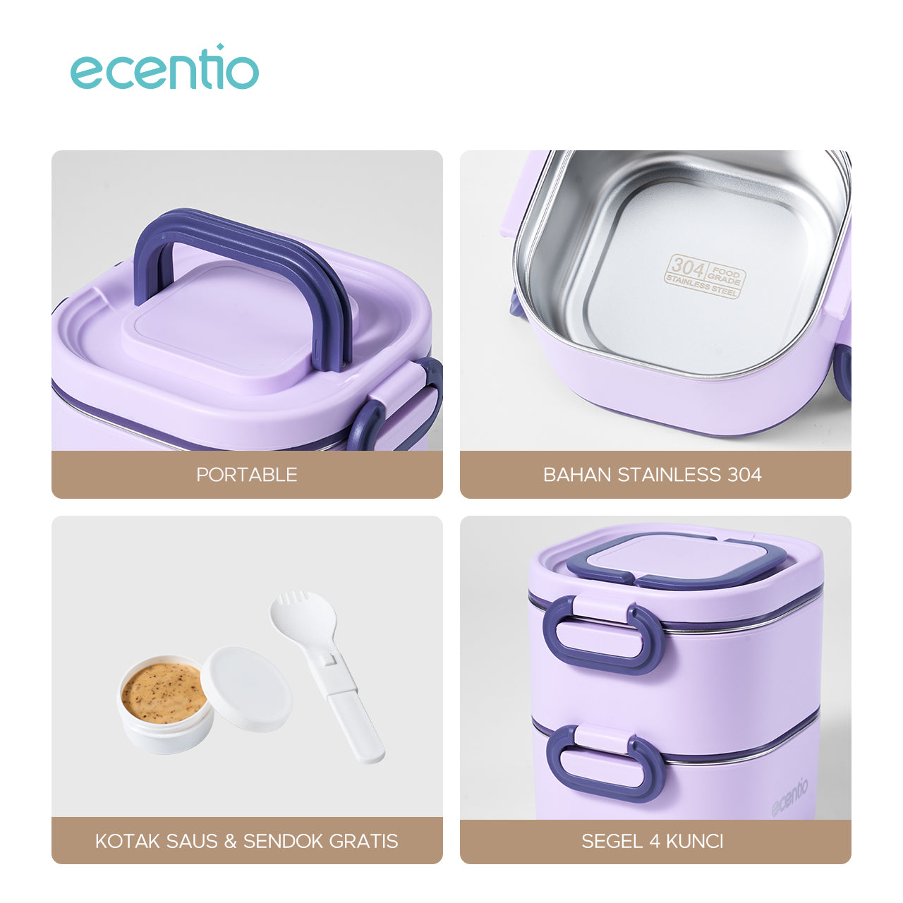 ecentio Kotak bekal bulat stainless steel Double layer 650ml+650ml Lunch box Wadah makan Bento Kapasitas besar Tahan bocor Empat pengunci Portable Untuk sekolah & kerja Dilengkapi kotak saus dan sendok