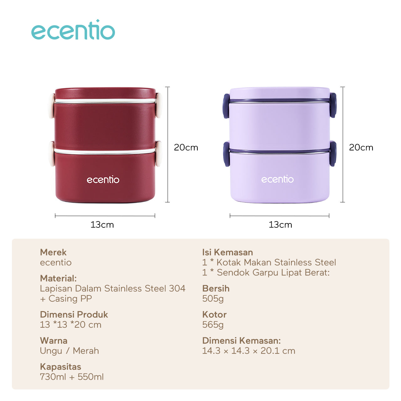 ecentio Kotak bekal bulat stainless steel Double layer 650ml+650ml Lunch box Wadah makan Bento Kapasitas besar Tahan bocor Empat pengunci Portable Untuk sekolah & kerja Dilengkapi kotak saus dan sendok