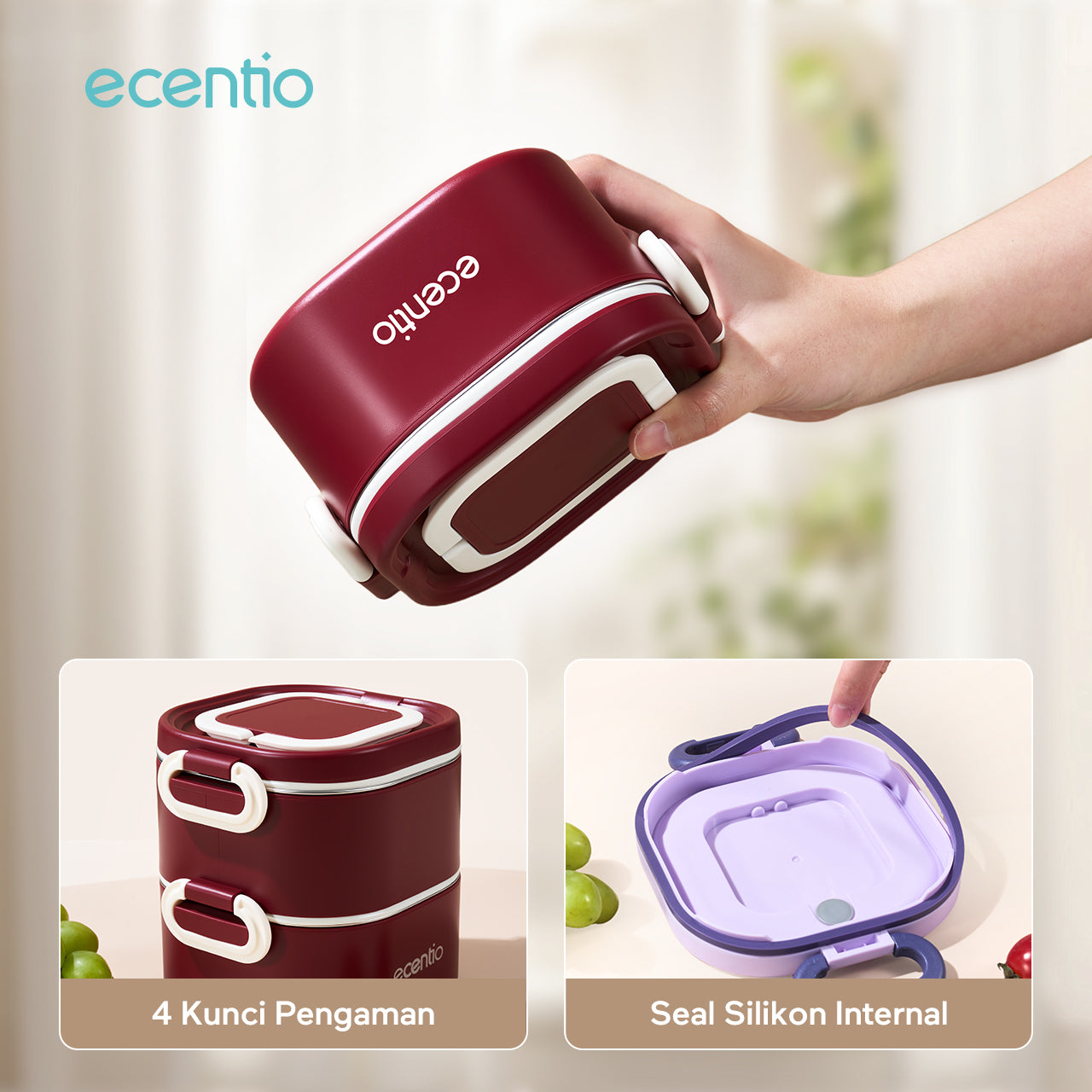 ecentio Kotak bekal bulat stainless steel Double layer 650ml+650ml Lunch box Wadah makan Bento Kapasitas besar Tahan bocor Empat pengunci Portable Untuk sekolah & kerja Dilengkapi kotak saus dan sendok