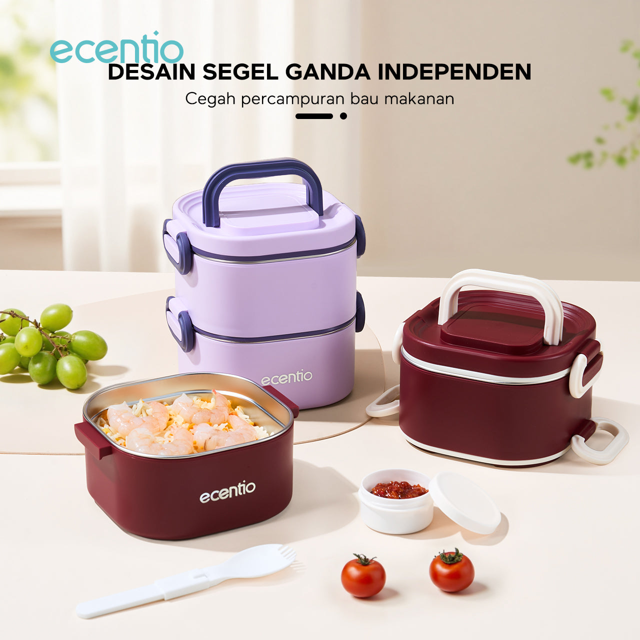 ecentio Kotak bekal bulat stainless steel Double layer 650ml+650ml Lunch box Wadah makan Bento Kapasitas besar Tahan bocor Empat pengunci Portable Untuk sekolah & kerja Dilengkapi kotak saus dan sendok