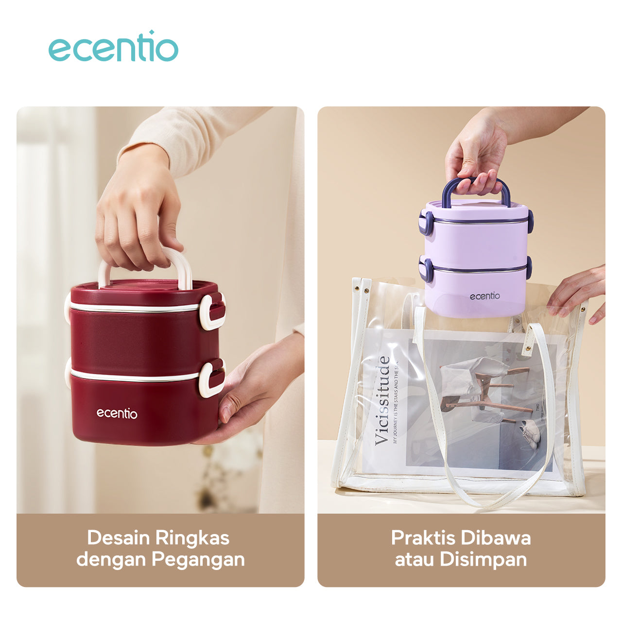 ecentio Kotak bekal bulat stainless steel Double layer 650ml+650ml Lunch box Wadah makan Bento Kapasitas besar Tahan bocor Empat pengunci Portable Untuk sekolah & kerja Dilengkapi kotak saus dan sendok
