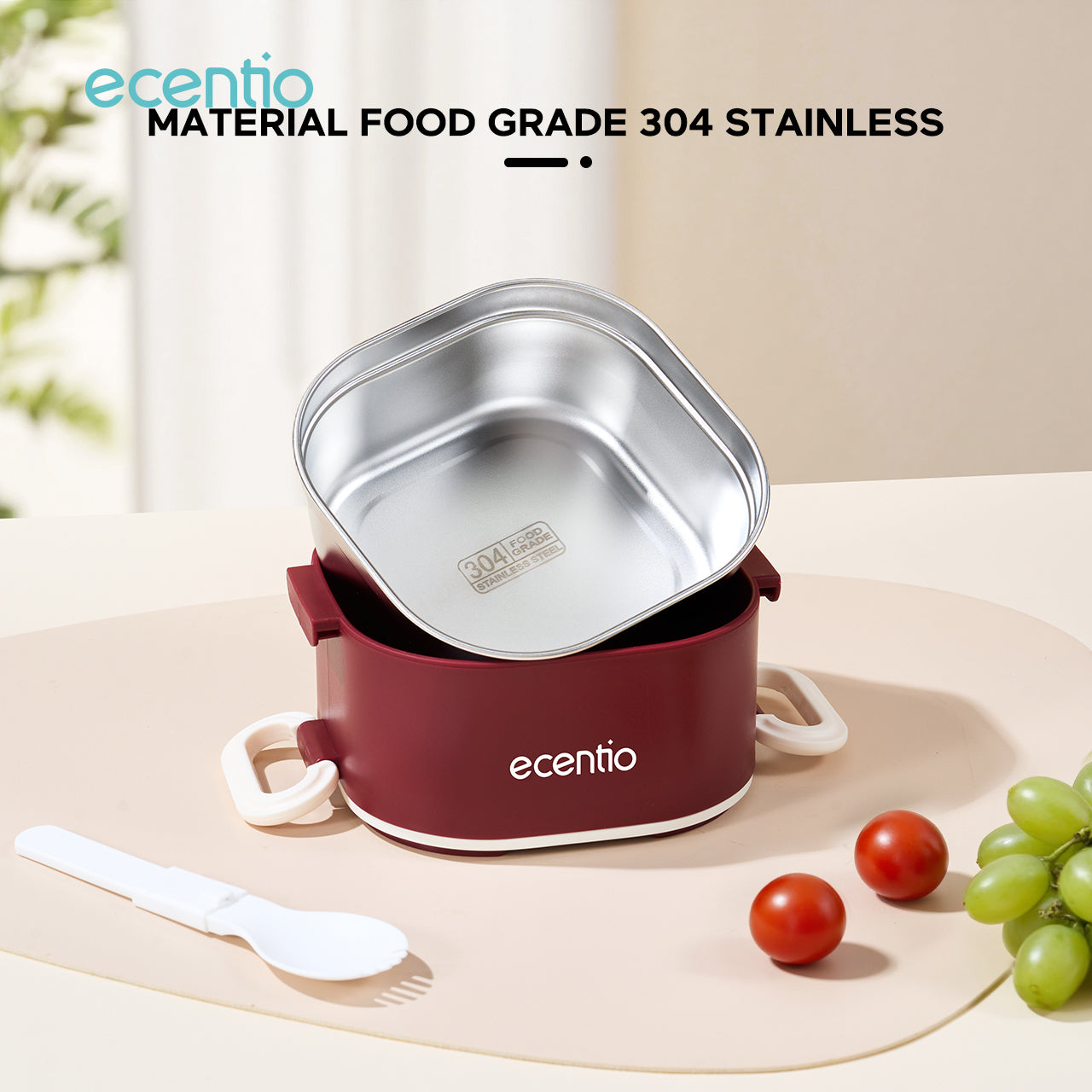 ecentio Kotak bekal bulat stainless steel Double layer 650ml+650ml Lunch box Wadah makan Bento Kapasitas besar Tahan bocor Empat pengunci Portable Untuk sekolah & kerja Dilengkapi kotak saus dan sendok