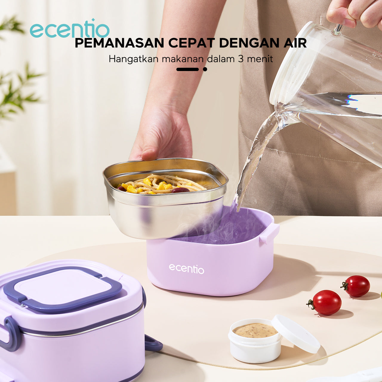 ecentio Kotak bekal bulat stainless steel Double layer 650ml+650ml Lunch box Wadah makan Bento Kapasitas besar Tahan bocor Empat pengunci Portable Untuk sekolah & kerja Dilengkapi kotak saus dan sendok