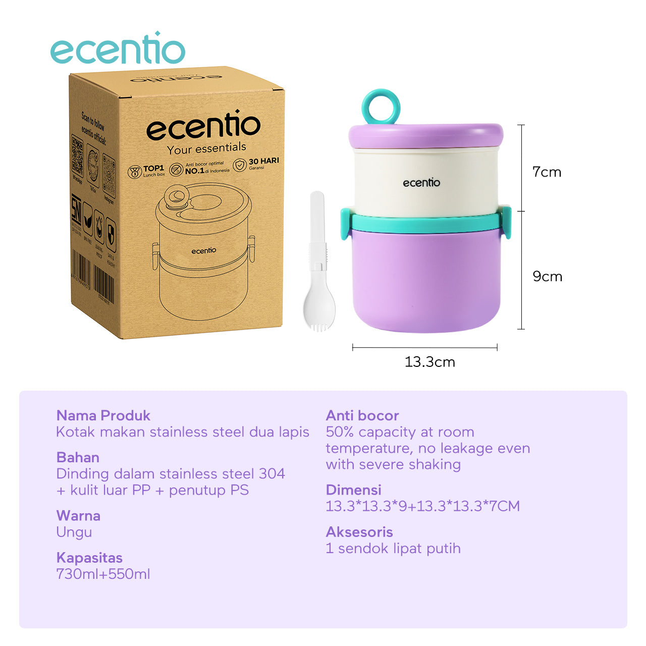 ecentio Kotak bekal stainless steel Double layer 730+550ml lunch box Tahan bocor Anti campur rasa Wadah makan Bento Besar Untuk kerja sekolah Dilengkapi kotak saus & sendok