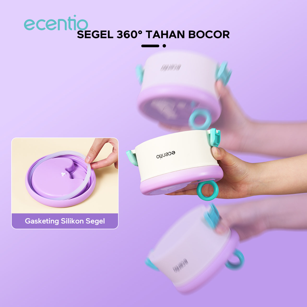 ecentio Kotak bekal stainless steel Double layer 730+550ml lunch box Tahan bocor Anti campur rasa Wadah makan Bento Besar Untuk kerja sekolah Dilengkapi kotak saus & sendok